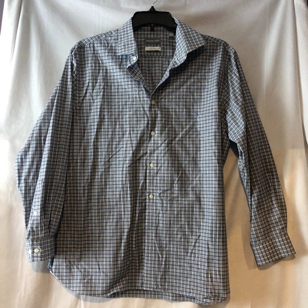 Michael Kors Mens Gray/Blue Plaid Button Down Slim Fit Shirt Size 17.5 XL.     B